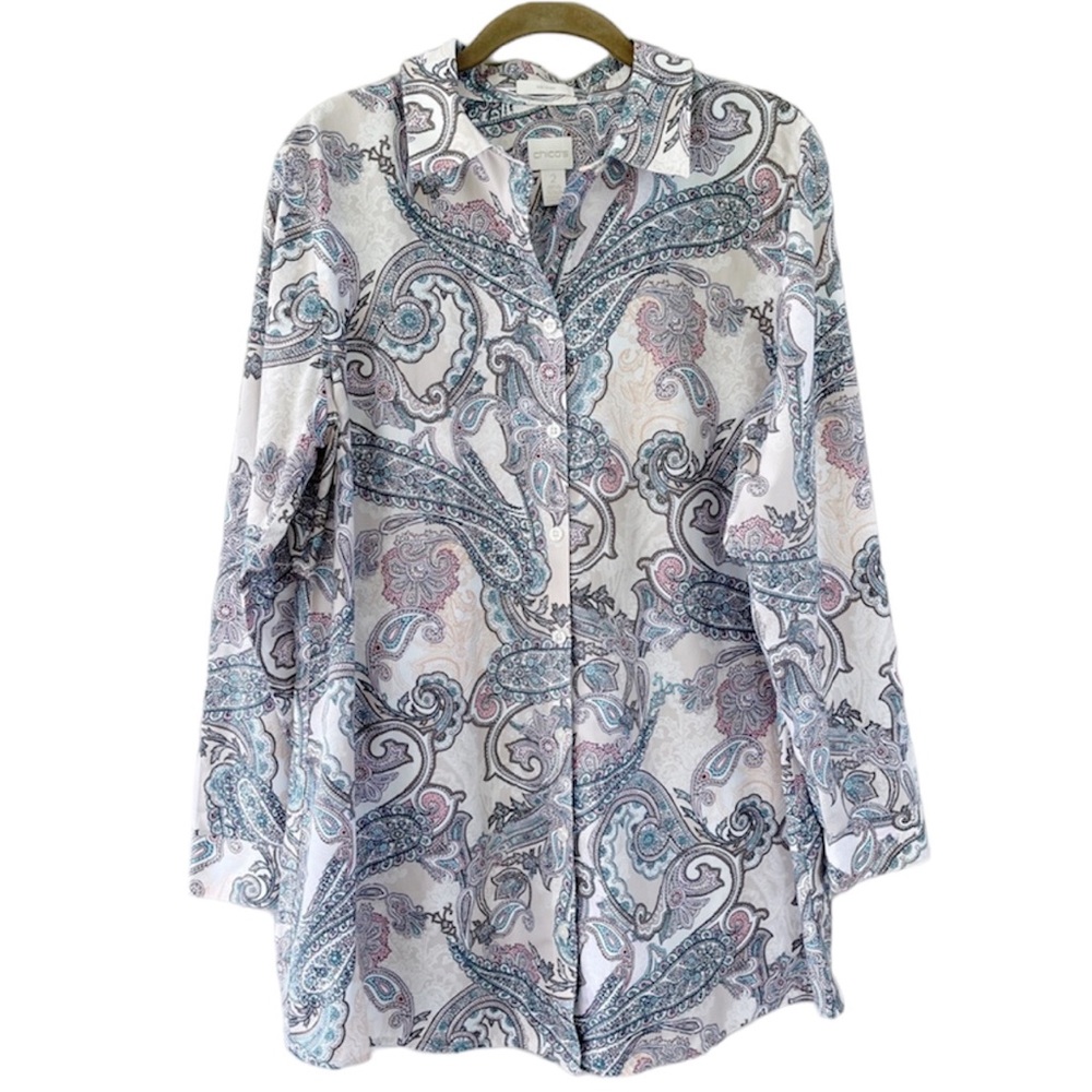 Chico's Effortless Blush Scrolls Andie No-Iron Paisley Button Down Shirt Size L